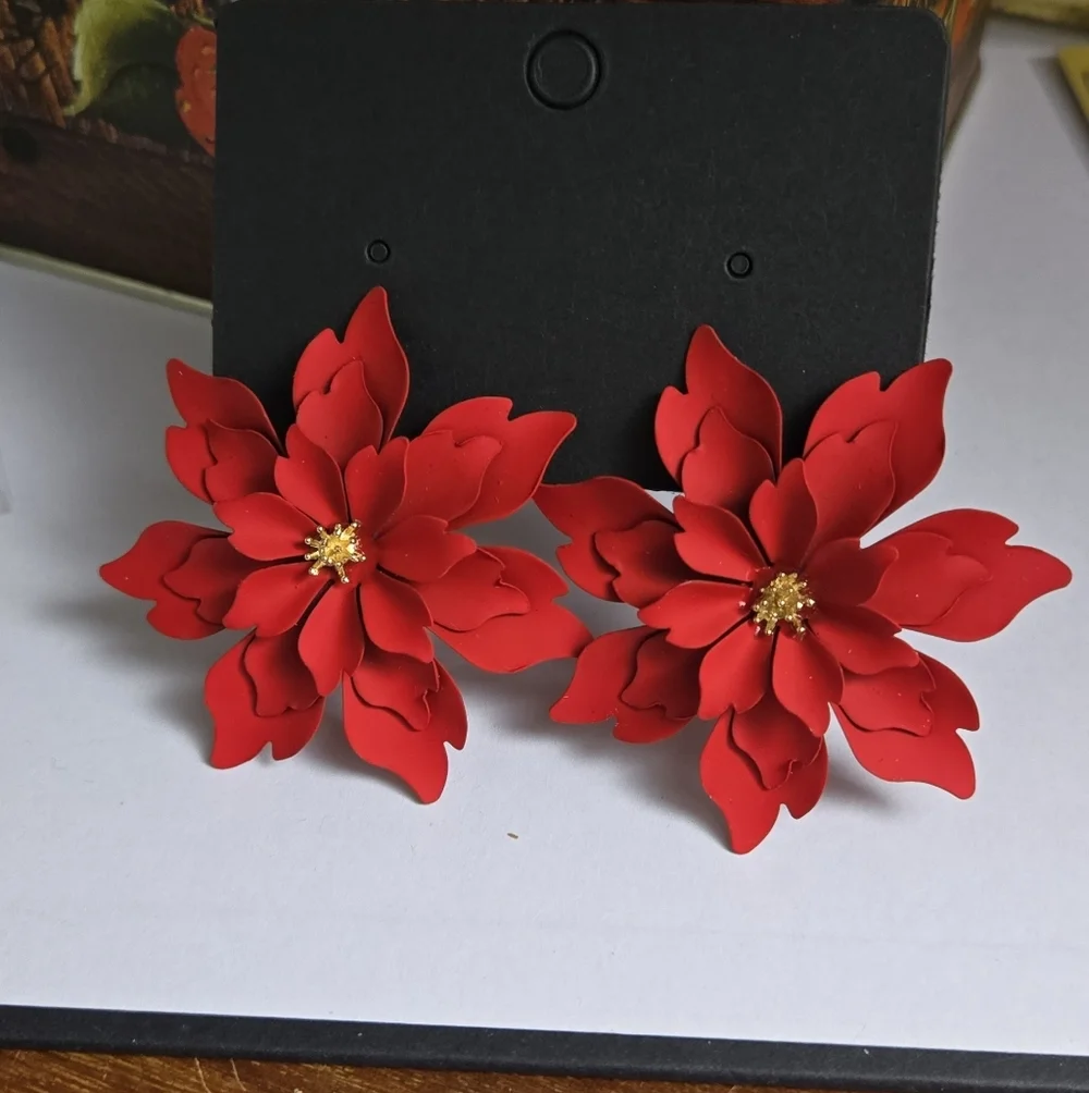 Red Floral Earrings Metal Flower Earrings